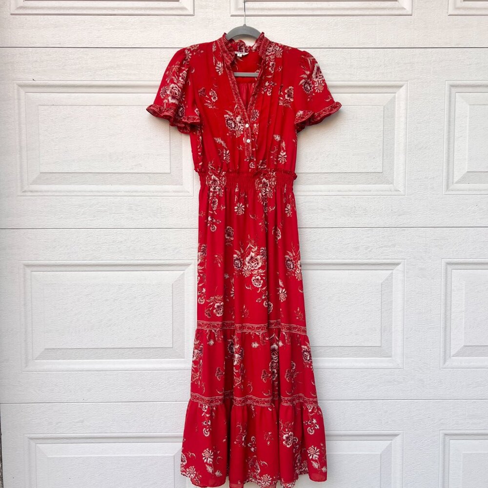 Max Studio Women's Red Flutter Sleeve V-neck Tier Maxi Dress - Small